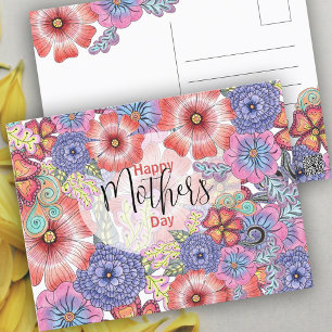 Carte Postale Fleurs colorées vives et fête des mères Feuilles