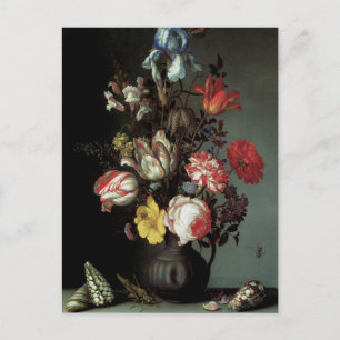 Carte Postale Fleurs dans un vase avec des coquilles et des inse