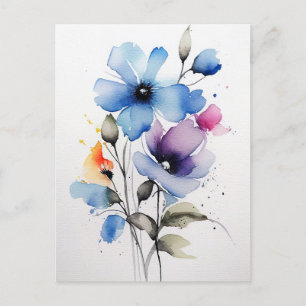 Carte Postale Fleurs d'aquarelle bleu et violet