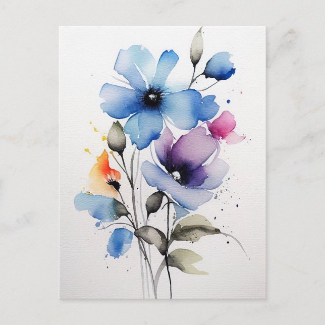 Carte Postale Fleurs d'aquarelle bleu et violet (Devant)