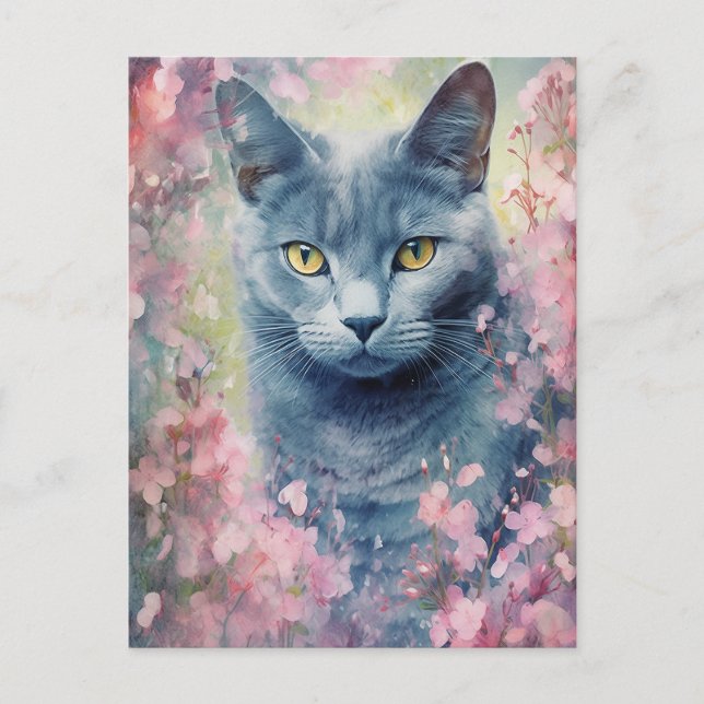 Carte Postale Fleurs d'aquarelle de chat bleu russe (Devant)