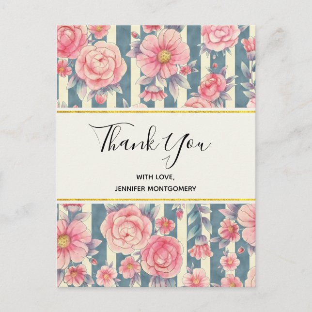 Carte Postale Fleurs d'aquarelle rose sur les rayures Merci (Devant)