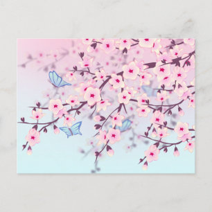 Carte Postale Fleurs de cerisiers et papillons