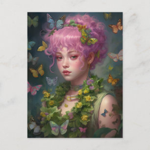 Carte Postale Fleurs de cheveux pourpres et femme papillon