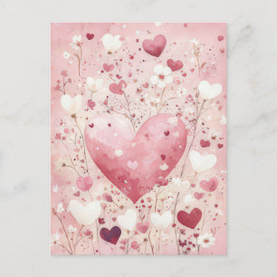 Carte Postale Fleurs de Coeurs blanches et roses Salutation Sain