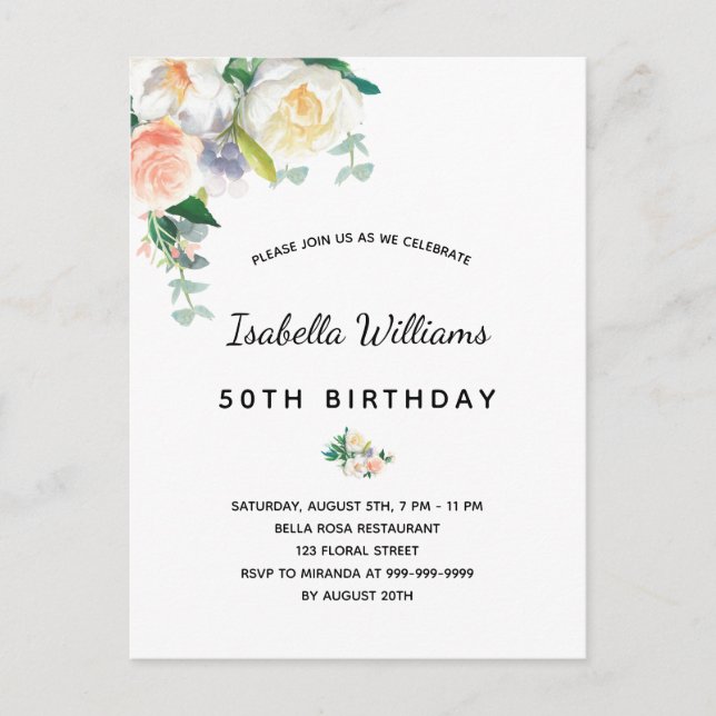 Carte Postale Fleurs de fête d'anniversaire blanc rose or rose r (Devant)
