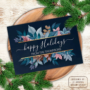 Carte Postale Fleurs de feuillage rose clair sur fond bleu foncé
