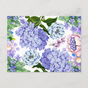 Carte Postale Fleurs de jardin aquarelle violettes, roses et ble