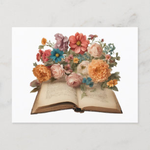 Carte Postale Fleurs de jardin et vieux livre de collection 