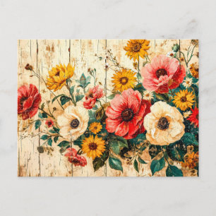 Carte Postale Fleurs de jardin rouges et jaunes sur bois