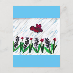 Carte Postale Fleurs de lavande aux oiseaux rouges