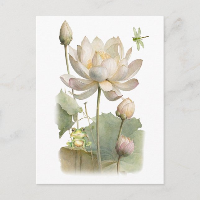Carte Postale Fleurs de lotus à l'aquarelle, grenouille et libel (Devant)