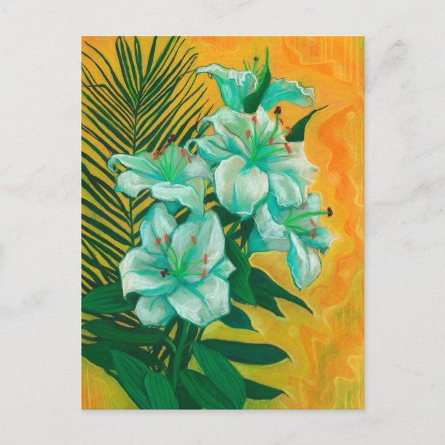 Carte Postale Fleurs de lys Feuille de palmier, Peinture d'art f (Devant)