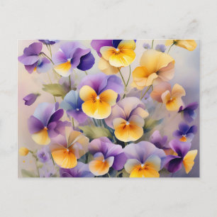 Carte Postale Fleurs de Pansy délicates dans l'aquarelle douce