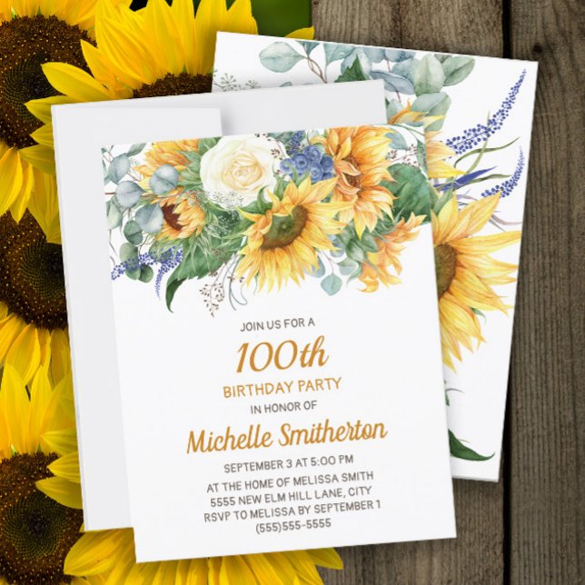Carte Postale Fleurs de soleil customisées Eucalyptus 18e annive (Sunflowers and eucalyptus women's 100th birthday party invitation)