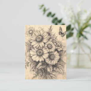 Carte Postale Fleurs de soleil et papillon - Papier vieilli rust