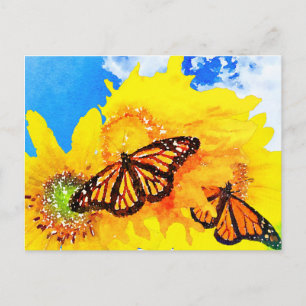 Carte Postale Fleurs de soleil et papillons monarques