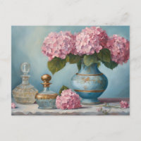 Fleurs d'hortensia roses et flacons de parfum vint