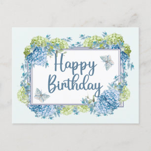 Carte Postale Fleurs d'hydrangea aquarelle bleu Joyeux Anniversa