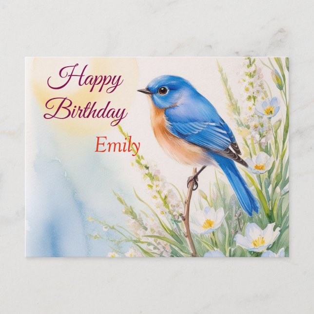 Carte Postale Fleurs d'oiseaux bleues personnalisées Aquarelle a (Devant)