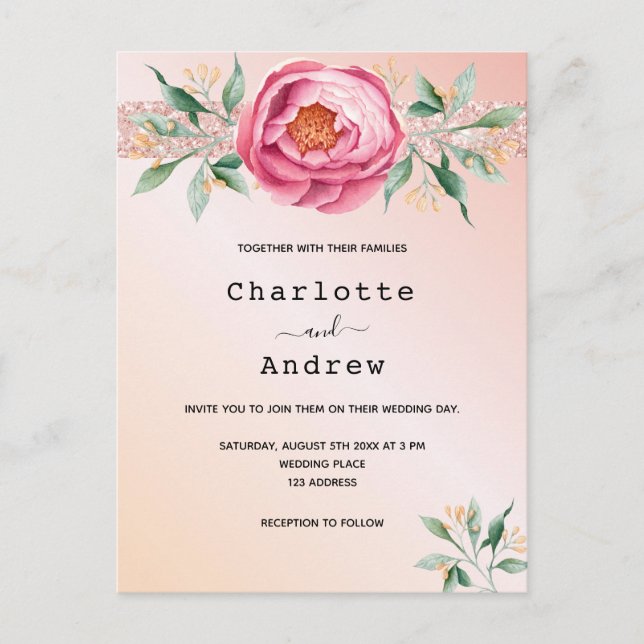 Carte Postale Fleurs d'or rose pâle faire-part de mariage (Devant)