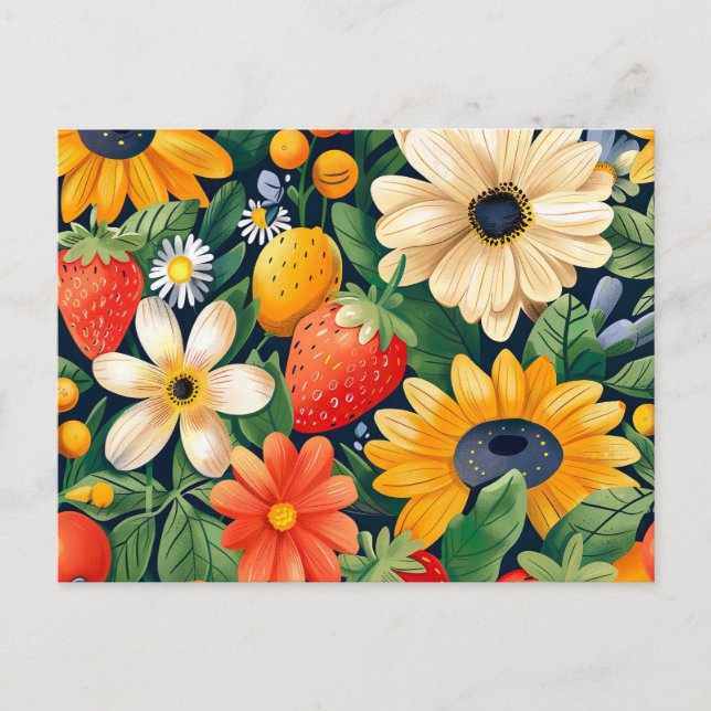 Carte Postale Fleurs du jardin d'été Motif de fraises (Devant)