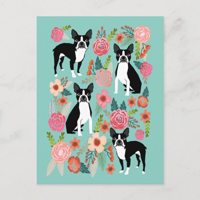 Carte Postale Fleurs du printemps de Boston Terrier - joli bosto (Devant)