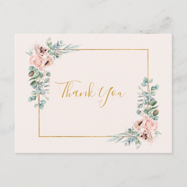 Carte Postale Fleurs Élégantes Rose | Remerciements de Mariage P (Devant)
