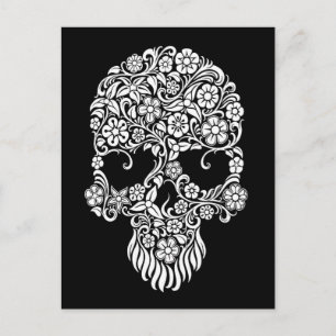Carte Postale Fleurs et vignes blanches Design crâne sur noir