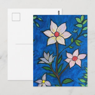Carte Postale Fleurs Fantaisistes sur Fond Bleu