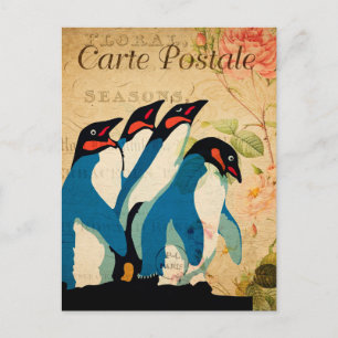 Carte Postale Fleurs florales de pingouins vintages Français