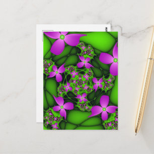 Carte Postale Fleurs fractales abstraites modernes néon rose ver