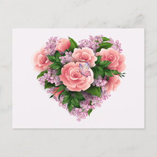 Carte Postale Fleurs Lilac violettes et Roses roses rose Coeur F