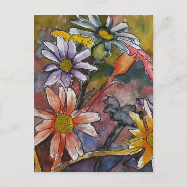 Carte Postale Fleurs marguerites abstraites aquarelle peinture a (Devant)