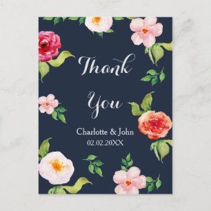 Carte Postale fleurs marine et argent mariage d'aquarelle
