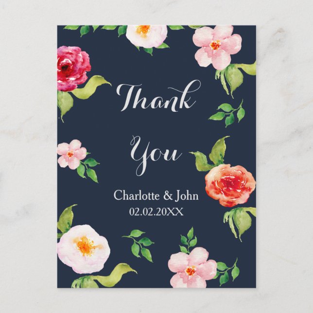 Carte Postale fleurs marine et argent mariage d'aquarelle (Devant)