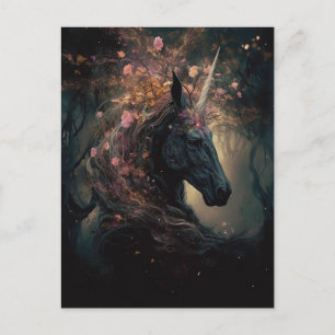 Carte Postale Fleurs noires Unicorne rose