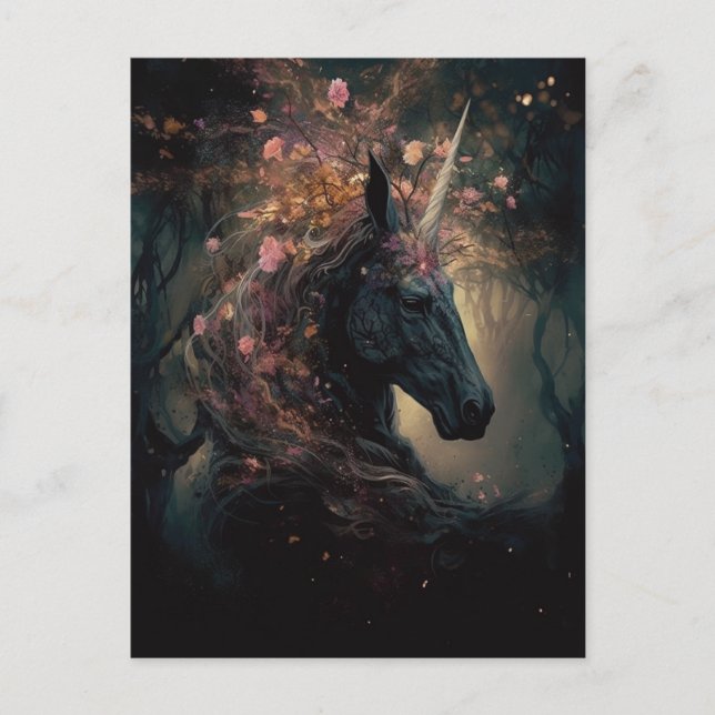 Carte Postale Fleurs noires Unicorne rose (Devant)