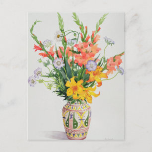 Carte Postale Fleurs orange et bleues dans un vase marocain