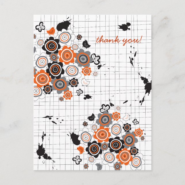 Carte Postale Fleurs orange poussins grunge encres taches gribou (Devant)