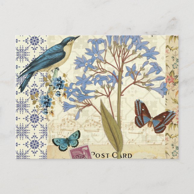 Carte Postale Fleurs, papillons et collage d'oiseaux (Devant)