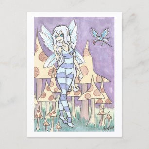 Carte Postale Fleurs pour Fae fairy + Oiseau Art Imaginaire Impr