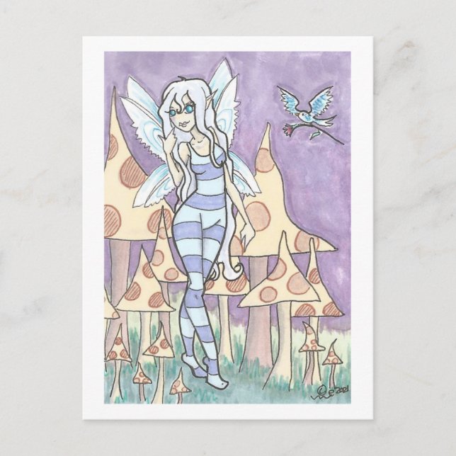 Carte Postale Fleurs pour Fae fairy + Oiseau Art Imaginaire Impr (Devant)