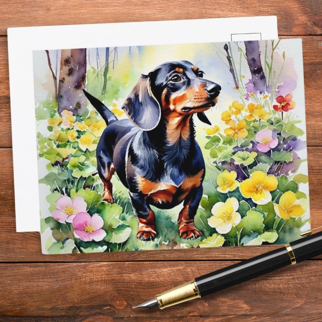 Carte Postale Fleurs Primrose De Printemps De Chien De Saucisson (A pretty postcard featuring a cute dachshund in woodland, with colorful primrose flowers in Spring)