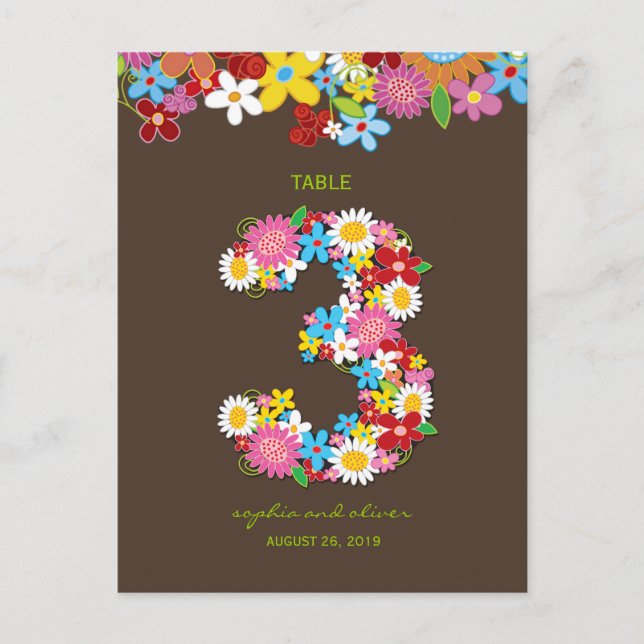 Carte Postale Fleurs printanières Jardin Mariage Table Numéro 3 (Devant)