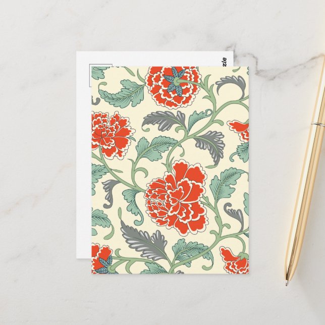 Carte Postale Fleurs rétro de style japonais rouge ivoire vert (Devant/Arrière en situation)