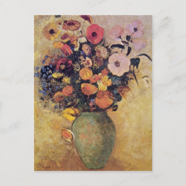 Carte Postale Fleurs roses dans un Vase vert, fleurs Odilon Redo (Devant)