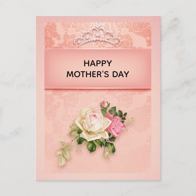 Carte Postale Fleurs roses & Diamond Tiara Princesse Fête des Mè (Devant)