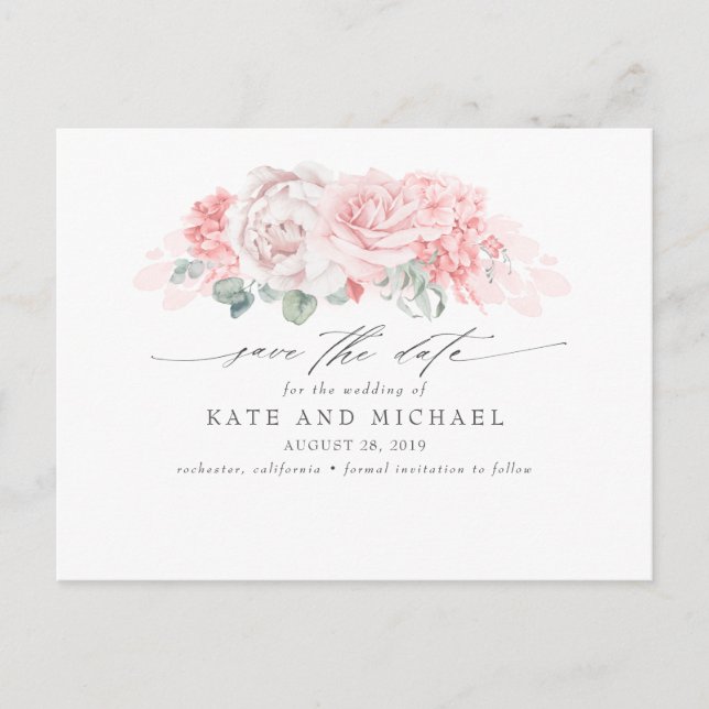 Carte Postale Fleurs roses douces Élégantes Enregistrer la date (Devant)