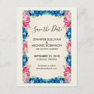 Carte Postale Fleurs roses et bleues Mariage fantaisie Enregistr